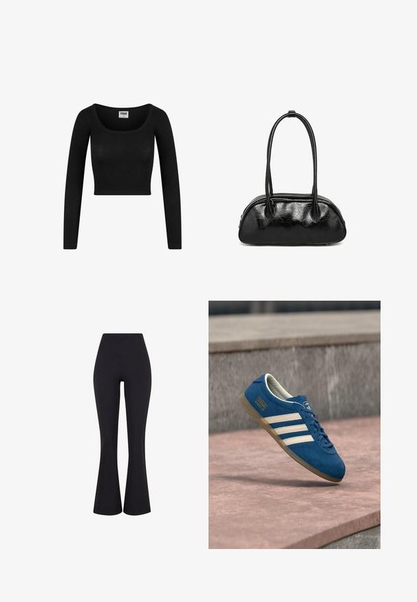 Haut cropped noir à manches longues avec un décolleté rond, fabriqué en tissu côtelé. Présente une silhouette ajustée et une texture douce.; Pantalons évasés noirs à taille haute en tissu extensible. Comprend une texture lisse et une silhouette ajustée au niveau des hanches.; Baskets en daim bleu avec bandes et lacets crème, semelle en caoutchouc naturel, surface texturée, bout arrondi et logo sur le côté.; Sac à main en cuir noir avec une texture craquelée, de forme ovale et deux poignées rondes. Fermeture éclair sur le bord supérieur.