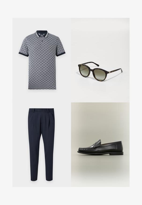Grijs poloshirt met donker geometrisch patroon, zwarte kraag en mouwranden, knoopsluiting met twee knopen, merkembleem aan de binnenkant van de kraag.; Marineblauwe broek van gladde stof, met plooien, een ritssluiting en knoopsluiting, zijzakken en een taps toelopend ontwerp.; Zwarte leren herenslipper met moc-toe ontwerp, pennestrook en lage hak op een neutrale achtergrond.; Michael Kors BIG BEND - Zonnebril - olive tortoise
