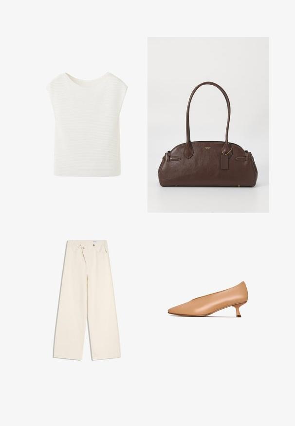 Haut blanc en maille sans manches avec un col arrondi et une texture subtile à côtes horizontales.; Pantalon large couleur écru avec poches avant, passants pour ceinture, et boutons argentés sur la ceinture et les bords des poches.; Talons en cuir nude avec un bout pointu, petit talon et texture lisse. Design minimaliste sans motifs visibles ni détails en métal.; Sac à main en cuir marron avec une texture lisse, une forme arrondie et deux poignées. Il présente un logo doré et une petite étiquette attachée.