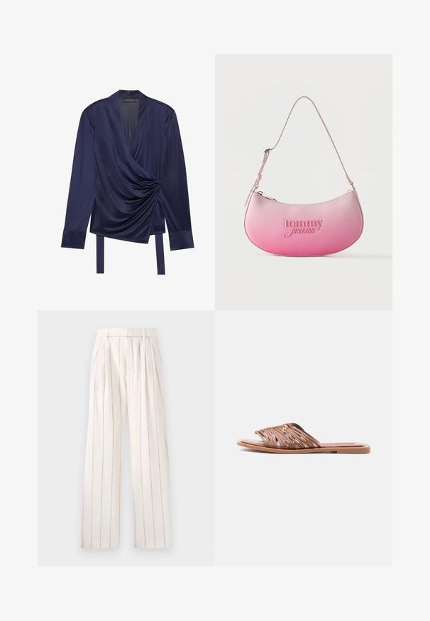 Anna Field Camiseta de manga larga - dark blue; Pantalones de pierna ancha plisados en tejido blanco roto con delgadas rayas verticales grises. Presentan una cinturilla ajustada y un corte relajado a lo largo de las piernas.; Sandalia plana marrón con múltiples tiras delgadas y un pequeño detalle decorativo dorado en la parte superior, vista de lado.; Bolso de hombro con degradado rosa, forma curva, correa ajustable y "tommy jeans" grabado en el frente.