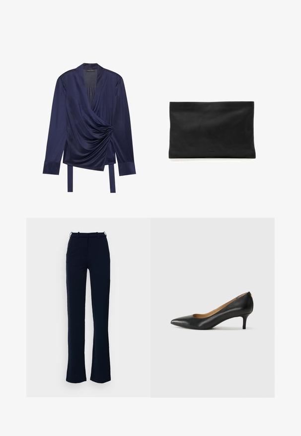 Anna Field Langærmet T-shirt - dark blue; Marineblå bukser med lige ben design, lavet af et glat stof, med bæltestropper og lynlås foran.; Sorte læderpumper med spids tå, lav hæl og en glat tekstur. Har en let åbning foran og minimal hardware bagpå.; Sort rektangulær læderclutch med en glat overflade og diskret præget mærke i midten nederst.