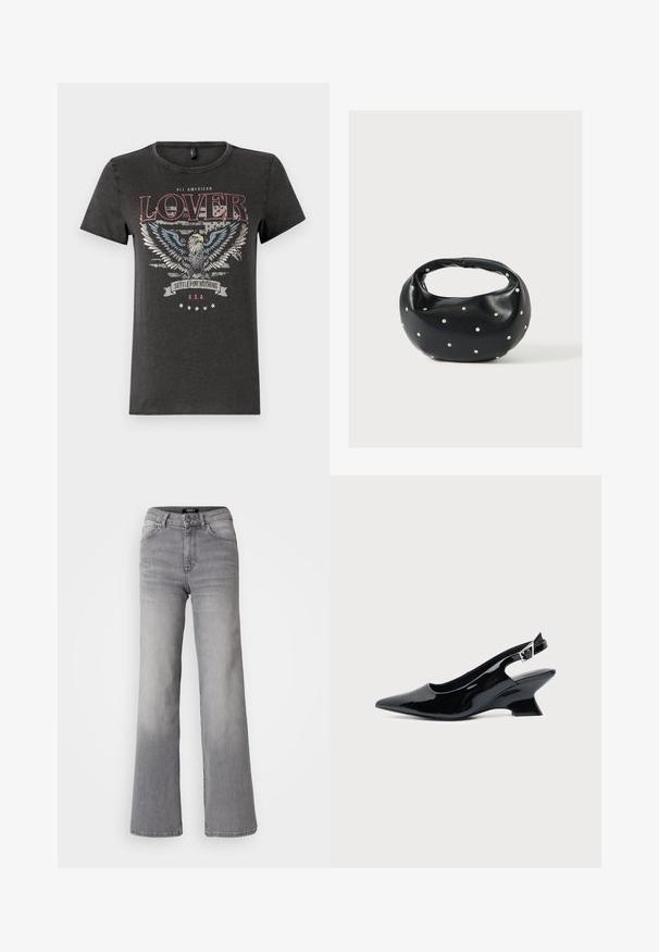 Graues Baumwoll-T-Shirt mit einem Adler-Graphic mit blauen Flügeln, rotem Text "ALL AMERICAN LOVER" und einem Banner mit "SETTLE FOR NOTHING."; Hochtaillierte graue Denim-Jeans mit geradem Bein, Frontknopf und Reißverschluss, Vorder- und Gesäßtaschen sowie ausgewaschenen Schattierungen an Oberschenkeln und Waden.; Schwarzer Slingback-Schuh aus Lackleder mit spitzer Spitze und niedrigem, schrägem Blockabsatz auf einfachem hellem Hintergrund.; Schwarze Lederhandtasche mit abgerundeter Form, verziert mit silbernen Nietenakzenten und kurzem Griff. Glatte Struktur und Reißverschlussverschluss.