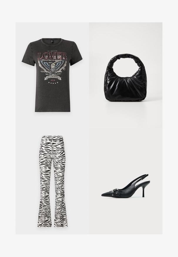 T-shirt en coton gris avec un graphique d'aigle aux ailes bleues, un texte rouge indiquant "AMOUREUX 100 % AMÉRICAIN" et une bannière portant l'inscription "ACCEPTEZ RIEN DE MOINS".; Pantalons évasés noir et blanc avec un motif zèbre, fabriqués en tissu léger avec une taille élastique pour plus de confort.; Escarpin slingback à talon haut en cuir noir avec bout pointu, boucle et détail de bride œillet à l'avant.; Sac à main noir rembourré avec une poignée arrondie, présentant une surface lisse et brillante ainsi qu'une texture douce et matelassée. Pas de quincaillerie ou d'accents visibles.