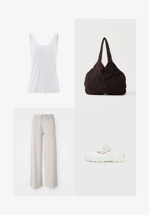 Camiseta sin mangas blanca con escote redondo y diseño ajustado y liso de tela.; Pantalones de pierna ancha en tejido ligero, con rayas horizontales en beige y blanco. Cintura elástica con cierre de cordón.; Zapato Mary Jane de lona blanca con suela gruesa y con dibujo, y hebilla plateada, con una pequeña etiqueta "Superga" en el lateral.; Bolso tote negro tejido a crochet con patrones cuadrados texturizados y dos asas de hombro, colocado contra un fondo liso.