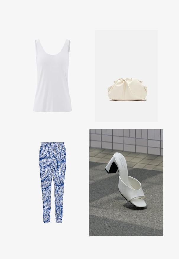 Débardeur blanc sans manches avec encolure arrondie et tissu ajusté et lisse.; Pantalon bleu et blanc à motif featuring un design de feuilles, taille élastique et bas resserrés, fabriqué dans un tissu léger et respirant.; Une mule blanche à bout ouvert avec talon bloc posée sur un bitume gris devant un mur carrelé.; Pochette en cuir souple couleur crème avec un design froncé et une fine bandoulière reposant à l’avant sur un fond uni.