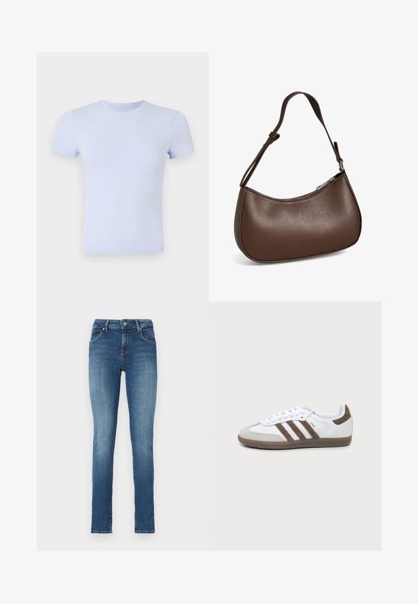 Good American SUPER STRETCH BABY TEE - Základné tričko - periwinkle; Chudé džínsy vyrobené z denimu v strednom modrom odtieni s jemným vyblednutím. Obsahujú päť vreciek a kovovú gombíkovú zapínanie.; Bielo-hnedá teniska Adidas Samba s tromi hnedými pruhmi, šnúrkami a textúrovanou podrážkou, zobrazená z boku na jednoliatom pozadí.; Malá hnedá kožená kabelka cez rameno s nastaviteľným popruhom a zapínaním na zips, zobrazená na bielom pozadí. Bez viditeľného loga alebo ozdôb.