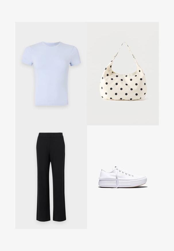 Good American SUPER STRETCH BABY TEE - T-paita - periwinkle; Mustat, levenevät housut, joissa on sileä pinta, keskikorkea vyötärö ja sivutaskut. Yksinkertainen muotoilu ilman kuvioita tai koristuksia.; Valkoinen matala kangastennari paksulla korokepohjalla, etuosassa nauhat ja kumipäällysteinen, teksturoitu varvasosa, esitetty sivuprofiilissa.; Kermansävyinen kangaslaukku mustilla pilkuilla ja yhdellä olkahihnalla, esillä yksinkertaisen valkoisen taustan edessä.
