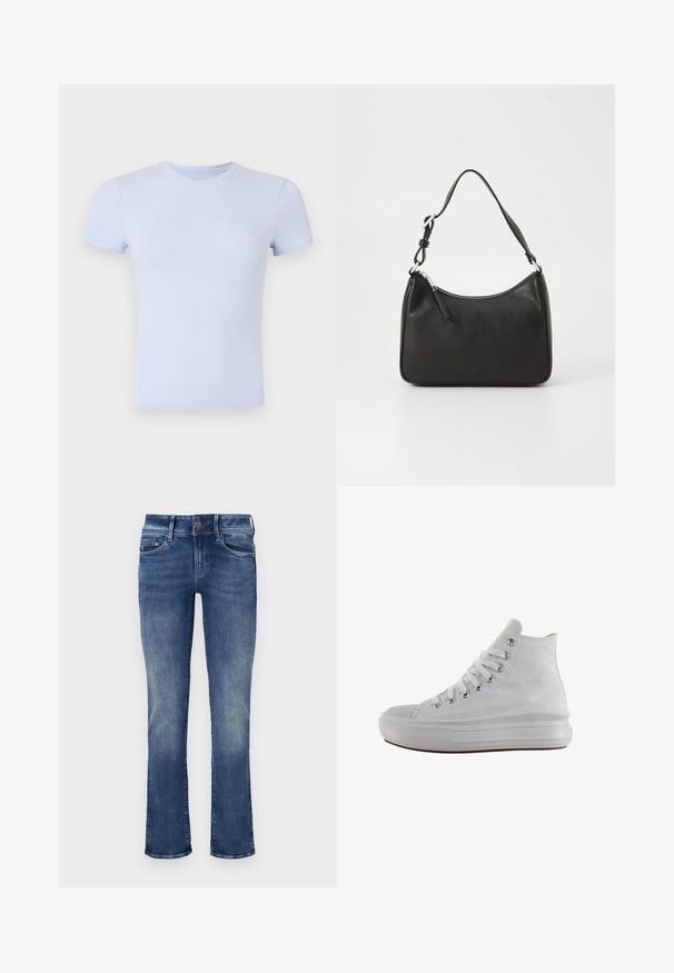 Good American SUPER STRETCH BABY TEE - Základné tričko - periwinkle; Džínsy z denimu v stredne modrej farbe s miernym odtieňom. Obsahuje štandardný dizajn s piatimi vreckami a zips s tlačidlom na zapínanie. Rovný strih nohavíc.; Biele vysoké plátenné tenisky s bielymi šnúrkami, kovovými očkami, hrubou gumovou podrážkou a textúrovanou špičkou, mieriac doľava na bielom pozadí.; Čierna kožená kabelka s oblým tvarom, jediným popruhom, zipsom a nenápadným logom na prednej strane. Hladká textúra, minimalistický dizajn.