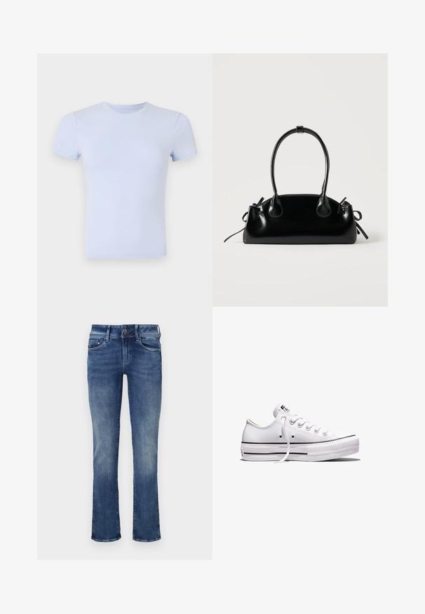Good American SUPER STRETCH BABY TEE - Základné tričko - periwinkle; Džínsy z denimu v stredne modrej farbe s miernym odtieňom. Obsahuje štandardný dizajn s piatimi vreckami a zips s tlačidlom na zapínanie. Rovný strih nohavíc.; Nízke biele plátené tenisky s bielymi šnúrkami, gumovou podrážkou, čiernymi pruhmi a logo nášivkou na jazyku a päte.; Malá čierna lesklá kabelka s dvoma dlhými rúčkami a bočnými šnúrkovými detailmi na jednoduchom svetlom pozadí.