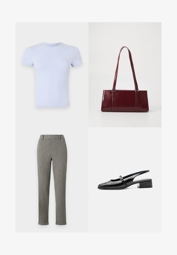 Good American SUPER STRETCH BABY TEE - T-shirt basic - periwinkle; Grijze op maat gemaakte slim-fit broek met riemlussen en omslagen bij de zoom, geschikt voor formeel of kantoor.; Zwarte lakleren slingback schoen met een lage blokhak en een dunne band met zilveren gesp bovenop.; Bourgondische handtas van glanzend materiaal, rechthoekige vorm, met twee schouderbanden en subtiele gebogen accenten aan de voorkant.