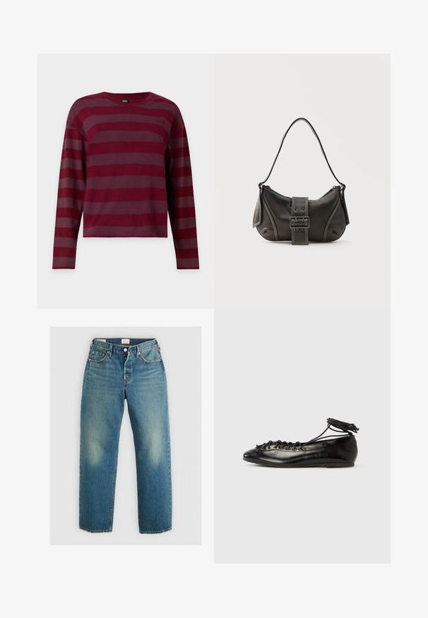Pitkähihainen pyöreästä kauluksesta valmistettu paita, jossa on vaakasuoria tummanpunaisia ja viininpunaisia raitoja, esitettynä tasaisena valkoisella taustalla.; Levi's® 501® '90S ANKLE - Straight leg -farkut - blank slate; Musta kiiltäväpäällysteiset balettitossut, joissa pyöreä kärki, nauhallinen malli ja litteä pohja. Sileä pinta, jossa vähän yksityiskohtia.; Musta nahkainen olkalaukku, jossa solkikiinnitys, pyöristetyt reunat ja vastavärinen valkoinen ommel yksivärisellä taustalla.