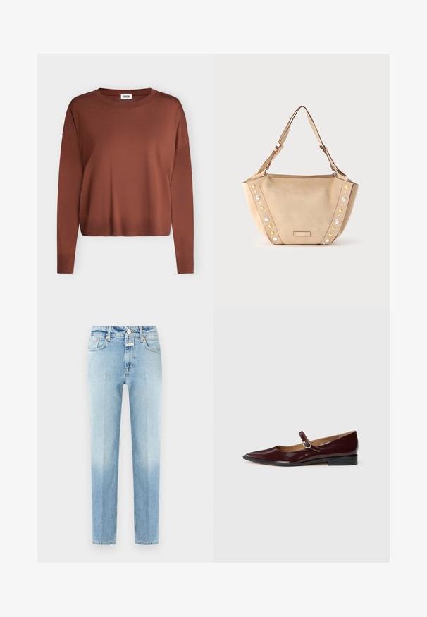Pull marron à manches longues avec col rond, poignets et ourlet côtelés, présenté sur un fond clair uni.; Jean denim bleu clair à jambes droites avec poches avant, passants pour ceinture, fermeture par bouton, et légère décoloration sur les cuisses et les genoux.; Ballerines en cuir verni bordeaux de type Mary Jane avec un bout pointu, un talon plat et une sangle décorative avec une boucle circulaire.; Sac à main en daim beige de forme incurvée, orné de clous dorés, argentés et transparents sur un côté. Bandoulière réglable incluse.