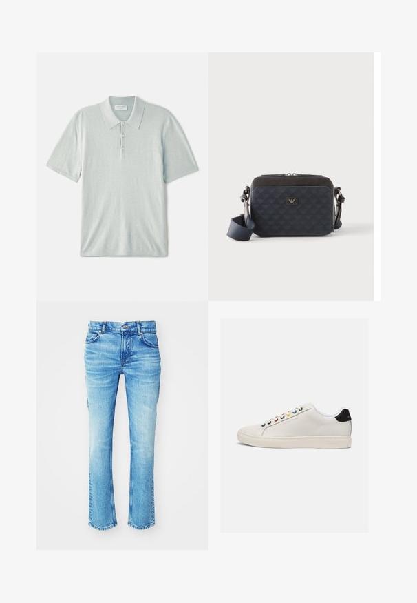 Svetlomodrá polo tričko vyrobené z jemnej látky, s klasickým golierom, trojbuttonovým zapínaním a krátkymi rukávmi. Minimalistický dizajn.; Modré denimové džínsy s vyblednutým umývaním, rovný strih a surový lem. Obsahujú päť vreciek a kovové gombíky.; Biele kožené tenisky so slabo zaoblenou špičkou, plochou podrážkou, viacfarebnými okami, čiernym pätkovým pútkom a embosovaným logom na boku.; Obdĺžniková tmavomodrá crossbody taška s nastaviteľným popruhom, zapínaním na zips a jemným logom na prednom paneli.