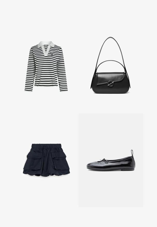 Polo à manches longues rayé en noir et blanc, avec un col en V et un petit logo graphique sur la poitrine. Tissu au toucher doux.; Shorts bleu marine avec une large ceinture élastique et de grandes poches cargo de chaque côté, présentant un design ample et légèrement bouffant.; Ballerine en cuir verni noir avec un bout rond, un petit nœud décoratif et une texture lisse ; présente une semelle plate basse et une languette au talon.; Sac à bandoulière en cuir noir avec un rabat incurvé fermé par un fermoir métallique rond et une sangle fine et ajustable.