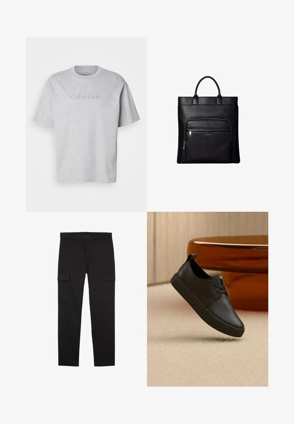 Camiseta de algodón gris con mangas cortas, que presenta un cuello redondo y un logotipo bordado de "Calvin Klein" en la parte frontal en un color sutil.; Pantalones cargo negros de pierna recta con bolsillos laterales con solapa, botón delantero, trabillas para el cinturón y un diseño limpio y minimalista.; Zapatilla casual negra de cuero con cordones, flotando sobre una alfombra beige, con una mesa de cristal ámbar redondeada en el fondo.; Bolso tote de cuero negro con asas superiores y bolsillo frontal con cremallera que muestra un pequeño logo de Calvin Klein en el bolsillo.