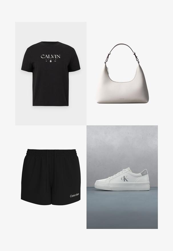 T-shirt noir à manches courtes avec le logo blanc "CALVIN KLEIN Est. 1968" et un petit graphique au centre devant.; Shorts à taille élastique noire avec cordon de serrage et logo Calvin Klein blanc sur la partie inférieure de la jambe droite.; Baskets en cuir blanc avec une semelle plate, présentant un subtil accent gris au talon et un logo 'CK' bien en vue sur le côté.; Sac à bandoulière en cuir couleur crème de Calvin Klein avec bord supérieur incurvé, fermeture éclair argentée et sangle ajustable brun foncé.