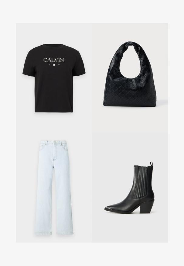Musta lyhythihainen T-paita, jossa valkoinen "CALVIN KLEIN Est. 1968" -logo ja pieni kuvio keskellä etupuolta.; Vaaleansiniset farkut, joissa on leveät lahkeet ja korkea vyötärö, viisi taskua ja kultaiset ompeluyksityiskohdat. Suora leikkaus ja sileä rakenne.; Mustat nahkaiset nilkkasaappaat, joissa on terävä kärki, uritettu sivupaneeli ja paksu korko, asetettuna karhealle laatta pinnalle.; Mustat nahka käsilaukku, jolla on rakenteellinen, pyöristetty muoto, jossa on suuri, puolikuun muotoinen leikkaukseen tehty kahva ja teksturoitu timanttikuvio.