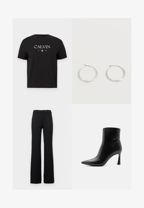 Musta lyhythihainen T-paita, jossa valkoinen "CALVIN KLEIN Est. 1968" -logo ja pieni kuvio keskellä etupuolta.; Mustat räätälöidyt leveälahkeiset housut, joissa on sileä pinta, vyötäröllä vyölenkit ja etuvetoketjukiinnitys.; Musta nahkainen nilkkuri, jossa kärkiosa on terävä ja kapea, korkea piikkikorko, esitetty sivuprofiilissa valkoisella taustalla.; Hopeiset metalliset renkaskorvakorut, joissa on sileä, hieman kaareva pinta ja lukolliset takakiinnitykset yksinkertaisella valkoisella taustalla.