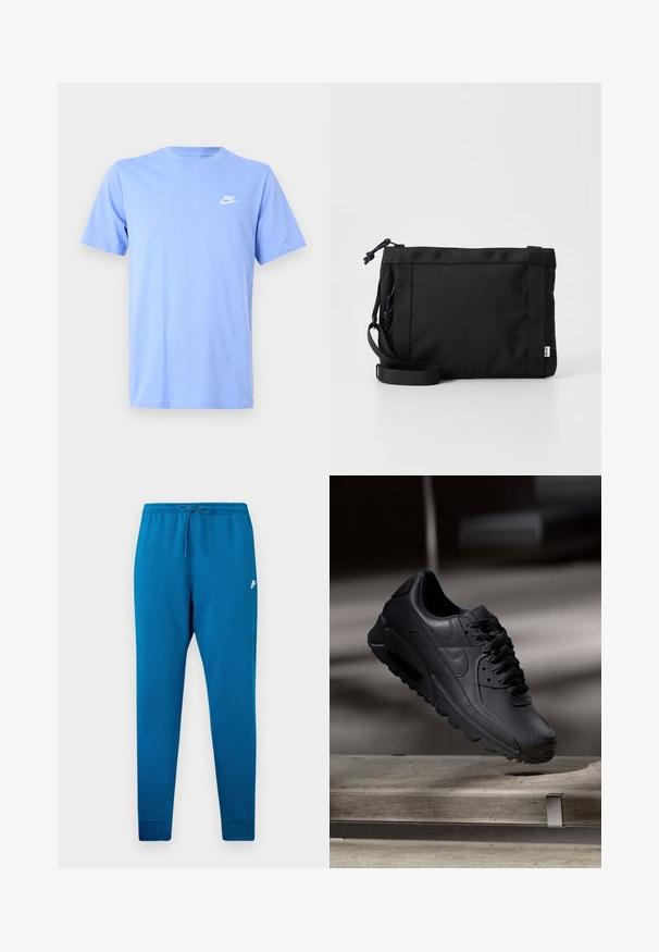 Svetlomodré bavlnené tričko s krátkymi rukávmi, okrúhlym výstrihom a malým bielym logom Nike na ľavej strane hrudníka. Hladká textúra, neformálny dizajn.; Modré tepláky s elastickým pásom a nastaviteľným šnúrkami. Obsahujú biele logo na stehne a zúžené manžety pri členkoch.; Čierne tenisky Nike Air Max s textúrovaným koženým zvrškom, gumovou podrážkou a výrazným šnurovacím systémom, ktoré predvádzajú štýlový, moderný dizajn.; Čierna textilná ramenná taška s textúrovaným povrchom, nastaviteľným pásom a sťahovaním. Vyznačuje sa výrazným prešívaním a bočným štítkom.