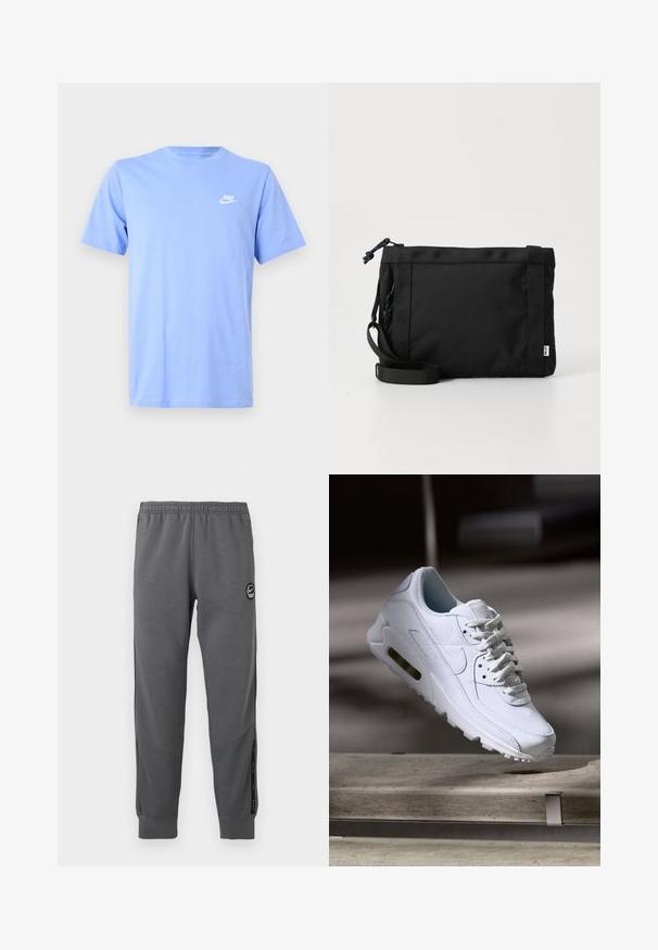 Camiseta de algodón azul claro con mangas cortas, cuello redondo y un pequeño logo blanco de Nike en el pecho izquierdo. Textura suave, diseño casual.; Pantalones de chándal grises hechos de una tela suave con una cintura elástica, piernas ajustadas, paneles laterales y un parche de logo circular.; Zapatilla blanca de piel con superficies texturizadas, cuello acolchado y amortiguación de aire visible en la suela. Presenta cordones y un diseño minimalista.; Bolsa de hombro de tela negra con exterior texturizado, correa ajustable y cierre de cordón. Presenta costuras llamativas y una etiqueta lateral.