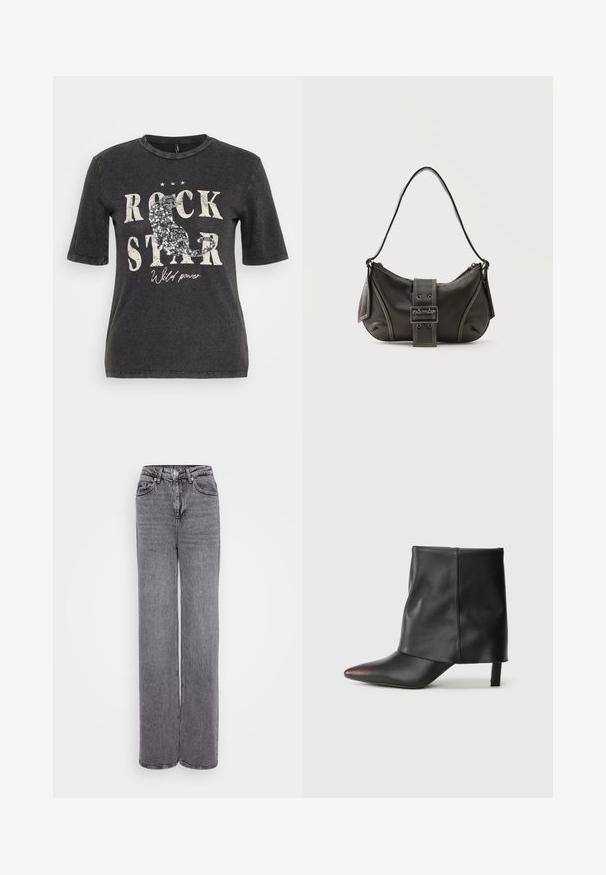 Sort kortærmet t-shirt med et grafisk print med teksten "ROCK STAR" og palietter, sat mod en let slidt baggrund.; Grå højtaljede jeans med lige ben, knap- og lynlåslukning, fem lommer og en tekstureret denimfinish.; Sort ankelstøvle lavet af glat læder med spids tå og tilspidset hæl. Overdelen har et let rynket design.; Sort læder skuldertaske med spænde på remmen, afrundede kanter og kontrasterende hvide syninger på en ensfarvet baggrund.