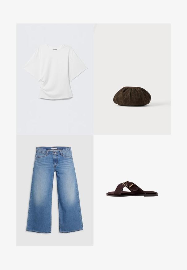 Weißes übergroßes T-Shirt mit kurzen Ärmeln und Rundhalsausschnitt, vorne leicht zerknittert, vor einem schlichten hellgrauen Hintergrund präsentiert.; Hellblaue weite Jeans aus Denim, mit hoher Taille, klassischem Fünf-Taschen-Design und sanften Ausbleichungen entlang der Beine.; Dunkelbraune Wildleder-Slides mit kreuzweise verlaufenden Riemen und einer goldfarbenen, verstellbaren Schnalle auf flacher Sohle.; Braunes strukturiertes Stoff-Barett mit dezentem floralen Spitzenmuster, am oberen Rand gerafft, auf einer weißen Oberfläche liegend.