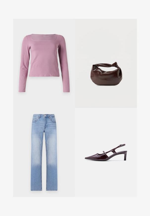 Top de manga larga en rosa claro, con escote cuadrado, diseño ajustado y tejido suave y elástico. Estilo simple y versátil.; Pantalones de mezclilla azul claro con un diseño de pierna recta, que presentan un lavado deslavado en la parte inferior y un estilo clásico de cinco bolsillos.; Zapato slingback de charol burdeos con punta puntiaguda, tacón bajo y doble correa ajustable con hebilla.; Bolso de hombro de cuero marrón oscuro con una forma suave y caída, y un asa con nudo torcido sobre un fondo blanco liso.