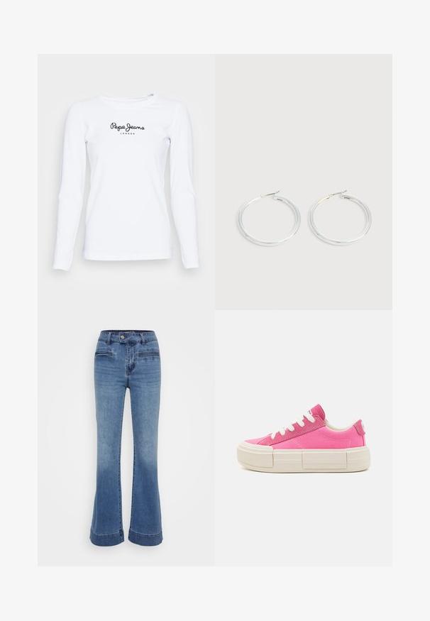 Camiseta blanca de manga larga hecha de tela suave, con el logo de "Pepe Jeans London" en negro en el frontal. Diseño simple y ajustado.; Jeans de mezclilla acampanados en azul medio con cintura alta, bolsillos frontales y costuras en contraste. La tela es suave con un acabado ligeramente desgastado.; Zapatillas de lona rosas con suelas de goma blanca, cordones planos y un diseño de plataforma ligeramente elevada. Detalles minimalistas en los laterales.; Pareja de pendientes de aro plateados brillantes con cierres de alambre delgado, mostrados sobre un fondo gris claro.