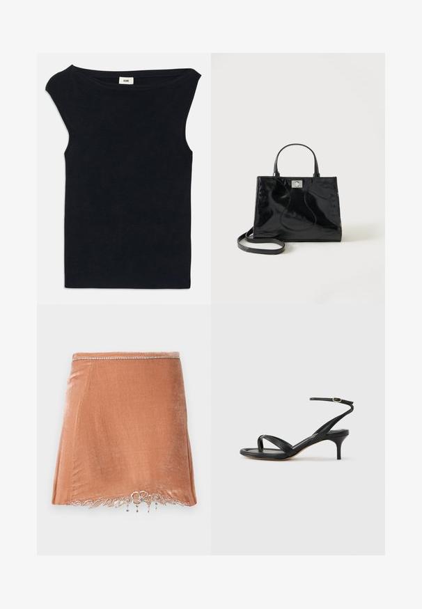 Top negro sin mangas hecho de una tela suave, con un escote amplio y un corte ajustado. Textura suave con un acabado limpio en el dobladillo.; Rabanne Minifalda - pink; Sandalia negra de cuero para mujer con tiras finas, un lazo para el dedo del pie, hebilla en el tobillo y tacón de aguja de altura media sobre un fondo neutro.; Bolso de mano negro de piel patentada con asas redondeadas, una correa de hombro desmontable y cierre de broche plateado sobre un fondo blanco liso.