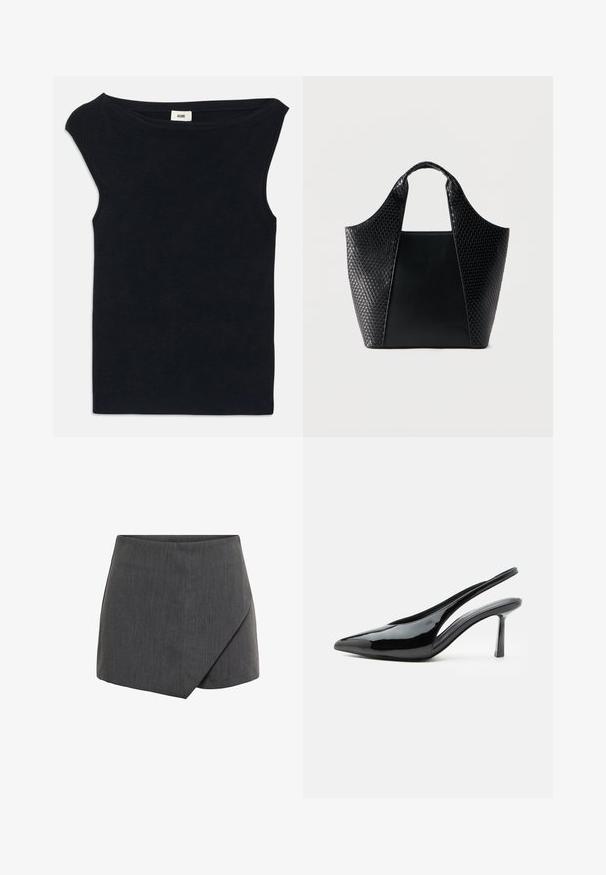 Top sans manches noir fabriqué dans un tissu doux, avec un col large et une coupe ajustée. Texture lisse avec une finition propre à l'ourlet.; Jupe courte grise avec un design croisé, en tissu lisse et texturé. Coupe ajustée avec un ourlet angulé et des bords nets.; Escarpin slingback en cuir verni noir à talon haut, bout pointu et talon aiguille fin sur fond blanc.; Sac fourre-tout noir avec des panneaux en cuir lisse et tissé, des poignées courtes et une base rectangulaire large, présenté sur un fond clair uni.