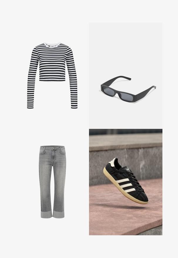 Sort og hvid stribet langærmet crop top med ribbet tekstur og rund halsudskæring. Har jævnt fordelt vandrette striber.; Grå denim jeans med lige ben, med foldet kant. Klassisk fem-lommestil og lukning med knap foran.; Sort Adidas sneaker med hvide striber og beige sål, fanget i luften over en stenet overflade og baggrund af en stenmur.; Sorte rektangulære solbriller med mørke linser og tykke matte stel. Armen er let tilspidset med en glat overflade.