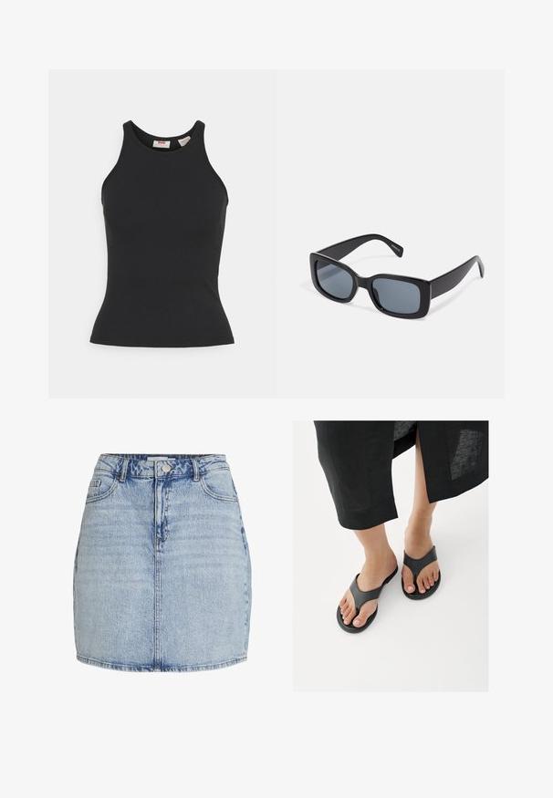 Top de tirantes negro de canalé con un diseño ajustado, corte sin mangas, cuello redondeado y una textura suave. Etiqueta de tamaño ubicada en el interior del cuello.; Mini falda de mezclilla azul claro con cierre frontal de botones y cremallera, trabillas para cinturón y bolsillos delanteros.; Primer plano de pies con sandalias negras de cuero tipo chancla y el dobladillo de una falda negra visible por encima de los tobillos sobre un suelo blanco.; Gafas de sol rectangulares negras con lentes oscuros, montura de plástico grueso y patillas anchas. Superficie lisa y diseño anguloso.