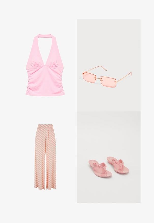 Haut rose à col halter avec poitrine et côtés froncés, présentant un décolleté en V profond et une silhouette ajustée.; Pantalon à jambes larges avec un motif à carreaux rose et blanc et une taille élastique, présenté sur un fond blanc uni.; Melissa QUANTUM THONG X DIESEL - Sandales tongs - light pink; Lunettes de soleil rectangulaires sans monture teintées rose avec des branches fines en métal doré et des plaquettes nasales réglables sur un fond clair uni.