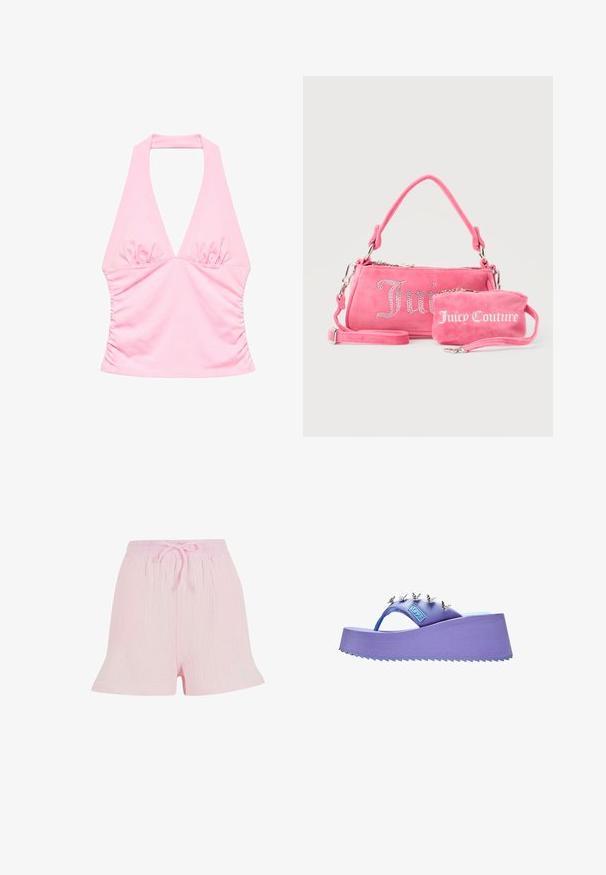 Haut rose à col halter avec poitrine et côtés froncés, présentant un décolleté en V profond et une silhouette ajustée.; Shorts rose clair en tissu texturé, dotés d'une taille élastique avec un lien à nouer et d'une silhouette décontractée et évasée.; Sandale plateforme violette avec décorations papillon argentées sur la bride et semelle texturée.; Deux sacs Juicy Couture roses, un plus grand avec des lettres en cristal et une poignée, un plus petit avec des lettres blanches et une lanière de poignet, sur un fond gris.