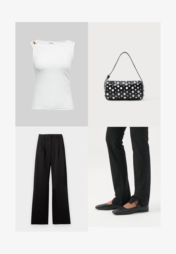 Haut blanc sans manches pour femme avec un décolleté asymétrique et un détail en métal doré sur l'épaule gauche.; Pantalon large noir avec une texture lisse, comportant des plis avant, une taille plate et des passants de ceinture. Design simple et tailleur.; Jambes vêtues d’un pantalon slim noir avec des fentes à l’avant de l’ourlet, assorties à des chaussures plates Mary Jane noires avec une petite bride à boucle.; Sac à main en cuir noir à forme arrondie, orné de clous argentés. Comprend une bandoulière amovible et une fermeture éclair. Texture lisse.