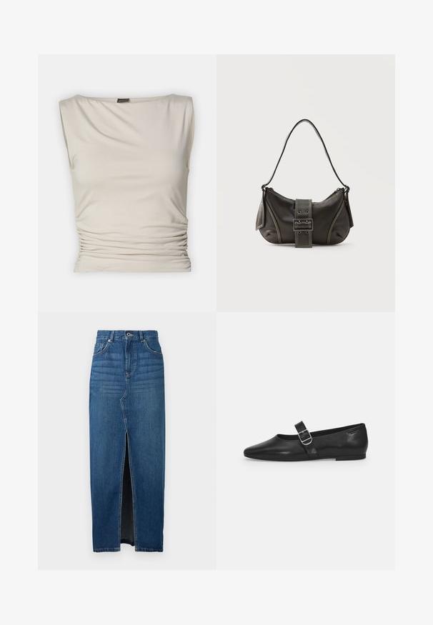 Gina Tricot SOFT TOUCH BOATNECK TOP - Topp - pumice stone; Tumed sinine teksaseelik, millel on esi lõhik, kõrge vöökoht ja viie tasku disain. Valmistatud tugevast teksakangast, millel on nähtavad õmblused.; Must värvi nahast tasased kingad ümarate varvastega, ühe reguleeritava paelaga ja siledat, läikivat pinda. Minimalistlik disain madala kontsaga.; Mustast nahast õlakott pandlanööriga detailiga, kõverate servade ja kontrastse valge õmblusega tavalise tausta peal.