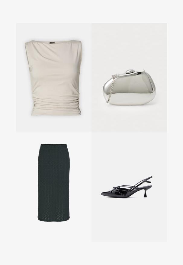 Gina Tricot SOFT TOUCH BOATNECK TOP - Top - pumice stone; Knælængde blyantskirt i mørkegrøn, lavet af struktureret strikstof med et geometrisk mønster og elastisk talje for komfort.; Sort laklæder slingback-pumpe med spids tå, lav kittenhæl og dekorativ knyttet sløjfedetalje foran.; Sølvmetalclutch med en afrundet, glat form. Har en krog-lukning og en aftagelig kædeseat. Reflekterende overflade uden mønstre.