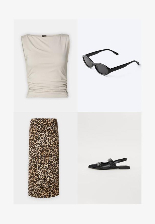 Gina Tricot SOFT TOUCH BOATNECK TOP - Débardeur - pumice stone; Jupe midi en imprimé léopard, texture soyeuse, base beige neutre avec des taches noires et brunes, design drapé avec un détail tordu à la taille.; Even&Odd by Zalando Ballerines à brides arrière - black; Lunettes de soleil ovales noires et élégantes avec des verres foncés et des branches droites, posées sur une surface blanche.