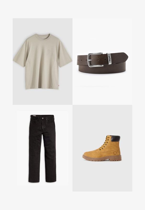 Beige oversized katoenen T-shirt met korte mouwen, ronde hals en subtiel reliëflogo op de borst, getoond tegen een neutrale achtergrond.; Zwarte recht gesneden denim jeans met vijf zakken, knoopsluiting en riemlussen, plat gelegd op een witte achtergrond.; Tan suède enkellaars met een ronde neus, gele veters, bruin leren accenten en een rubberen zool met een profiel.; Bruine leren riem met een zilverkleurige metalen gesp, voorzien van een rechthoekige vorm en meerdere gaten voor maatverstelling.