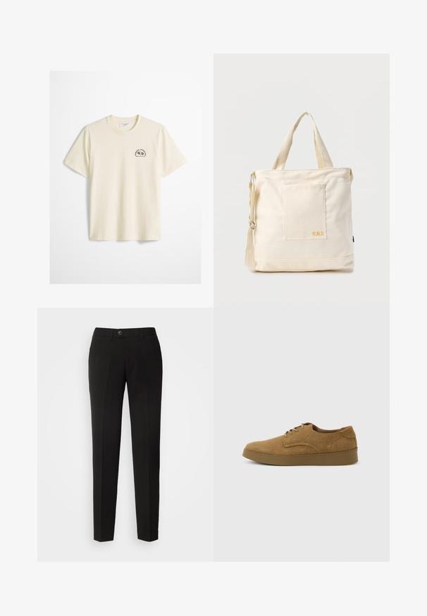 Valge lühikeste varrukatega puuvillane T-särk ümmarguse kaelusega ja vasakul rinnal väike must spordilogo, millel on tekst "MOPD SPORTS MARC O'POLO DENIM".; Mustad sirged püksid, mis on valmistatud siledast kangast, nuppude sulgemisega ja küljetaskutega klassikalises disainis.; Pruun seemisnahast paeltega vabaaja jalanõu tasase kummipõhjaga, vaadatuna küljelt ühetaustalise heleda tausta peal.; Kreemjas lõuendist käekott esiosa taskuga, kahe käepidemega, reguleeritava õlarihmaga ja väikese kollase "O.N.S" tekstiga tasku all paremal.