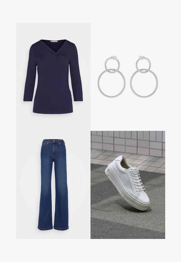 Anna Field by Zalando Langærmet T-shirt - dark blue; Breddebenede jeans lavet af mørkeblåt denim. Har en høj talje, fem-pockets design og diskret syninger på sømmene.; Hvide lædersneakers med lavt design, flade snører, rund tå og strukturerede sider. Tyk gummisål med diskrete detaljer.; Sølv metal øreringe med to sammenflettede cirkler, en større og en mindre, med børstet finish og push-back låse.