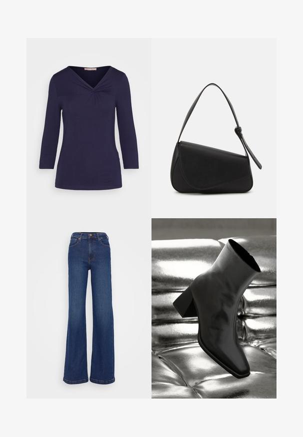 Anna Field Camiseta de manga larga - dark blue; Pantalones vaqueros de pierna ancha fabricados en denim azul oscuro. Presentan una cintura alta, diseño de cinco bolsillos y costuras sutiles en las costuras.; Botín negro de tobillo hecho de material brillante, con punta cuadrada y tacón cónico, contra un fondo plateado brillante con almohadillado.; Bolso de mano de cuero negro con forma triangular, tapa en ángulo y un asa superior redondeada. Presenta una textura suave y detalles de diseño minimalistas.