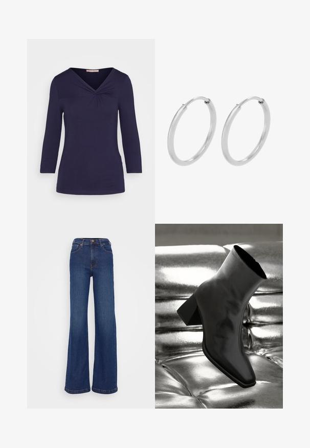 Anna Field by Zalando Camiseta de manga larga - dark blue; Pantalones vaqueros de pierna ancha fabricados en denim azul oscuro. Presentan una cintura alta, diseño de cinco bolsillos y costuras sutiles en las costuras.; Botín negro de tobillo hecho de material brillante, con punta cuadrada y tacón cónico, contra un fondo plateado brillante con almohadillado.; Pendientes de aro de plata, forma circular, textura lisa y brillante, y ancho constante en toda su extensión. Diseño minimalista sin acentos adicionales.