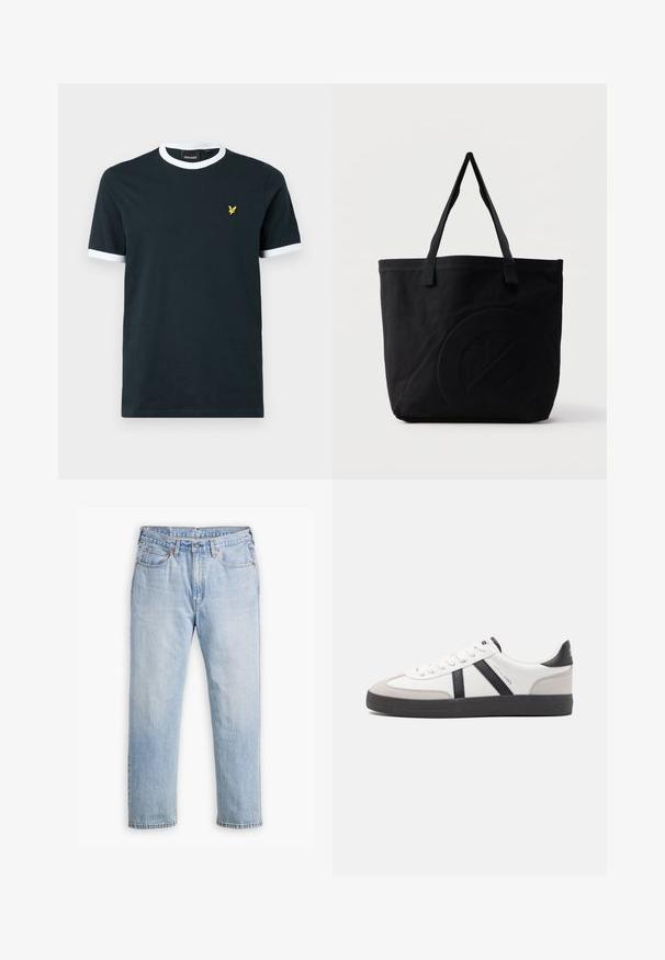 Marineblaues Baumwoll-T-Shirt mit weißem geripptem Kragen und Ärmelenden. Mit einem kleinen gelben gestickten Logo auf der linken Brust.; Helle blaue Denim-Jeans mit geradem Bein, im Fünf-Taschen-Stil und kontrastierenden Nähten. Knopf- und Reißverschluss an der Taille.; Weiße Sneaker mit schwarz- und grau-aczenten, ausgestattet mit einer strukturierten grauen Zehenkappe, schwarzer Gummi-Sohle und flachen weißen Schnürsenkeln. Sauberes Design, minimalistische Stil.; Schwarze Canvas-Shopper-Tasche mit zwei Schulterriemen und einem dezenten, eingeprägten kreisförmigen Design auf der Vorderseite.