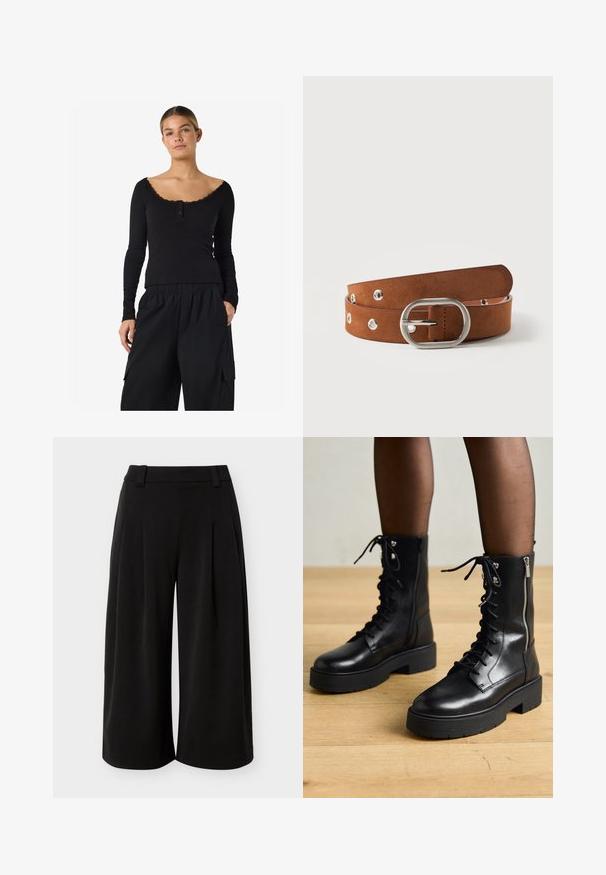 Vrouw draagt een zwarte ribgebreide top met lange mouwen, kantafwerking en knopen, gecombineerd met losse zwarte cargobroeken met zakken.; Zwarte wijde cropped broek met riemlussen en een hoge taille, weergegeven tegen een effen lichtgrijze achtergrond.; Zwarte leren veterschoenen met chunky zolen, zijrits en metalen oogjes. Gladde afwerking met variërende textuur op de schacht.; Bruine suède riem met zilveren ovale gesp en metalen oogjes, opgerold op een witte achtergrond.