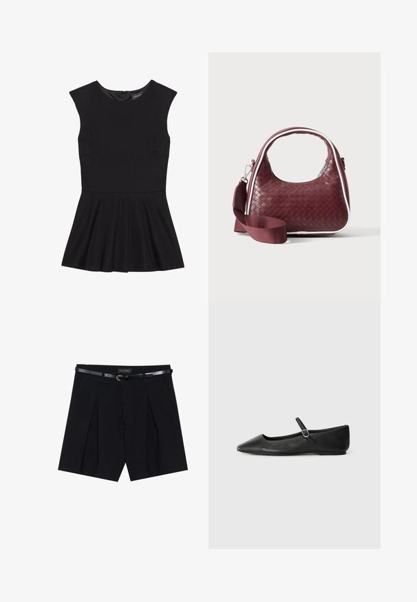 Schwarzes ärmelloses Kleid aus glattem Stoff, mit einem enganliegenden Oberteil und einem ausgestellten Rock. Reißverschluss auf der Rückseite, minimalistisches Design ohne Muster.; Schwarze maßgeschneiderte Shorts mit Falten, ausgestattet mit einem schmalen schwarzen Gürtel mit goldener Schnalle. Hergestellt aus einem glatten Stoff, der einen eleganten Look bietet.; Schwarze Leder-Balletschuhe mit spitzem Zeh, flacher Sohle und einem kleinen Riemen mit Schnalle am Knöchel für sicheren Halt.; Dunkelrote gewebte Ledertasche mit gebogenem Griff, weißem Besatz, silbernem Reißverschluss und abnehmbarem breitem Stoff-Schulterriemen vor einfarbigem Hintergrund.