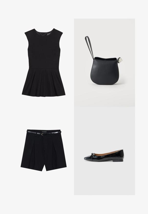 Vestido negro sin mangas hecho de una tela suave, que cuenta con un corsé ajustado y una falda acampanada. Cierre de cremallera en la parte trasera, diseño minimalista sin estampados.; Shorts negros a medida con pliegues, que cuentan con un cinturón negro delgado con hebilla dorada. Elaborados en un tejido suave, ofrecen un aspecto pulido.; Bailarinas de charol negras con punta afilada, detalle de un pequeño lazo en la parte delantera y un tacón cuadrado bajo. Textura suave y brillante.; Bolso de muñeca de cuero negro con base redondeada y cierre plateado sobre un fondo blanco liso.