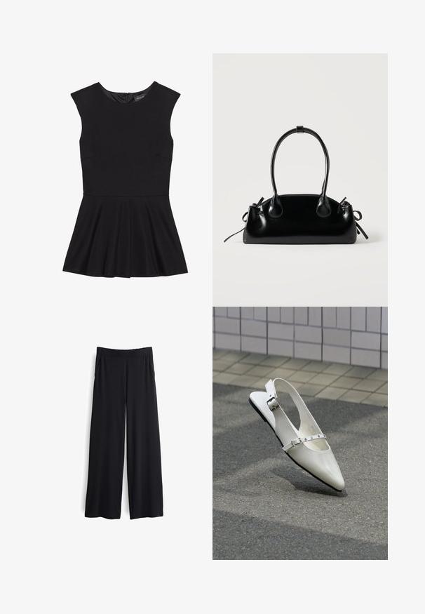 Schwarzes ärmelloses Kleid aus glattem Stoff, mit einem enganliegenden Oberteil und einem ausgestellten Rock. Reißverschluss auf der Rückseite, minimalistisches Design ohne Muster.; Schwarze, weit geschnittene Hose mit glatter Textur und elastischem Bund. Ausgestattet mit Seitentaschen und lockerem Sitz für zusätzlichen Komfort.; Weißer spitzer Slingback-Slipper mit zwei silbernen Schnallen, abgebildet im Freien auf strukturiertem Boden und gefliester Wand im Hintergrund.; Kleine schwarze glänzende Handtasche mit zwei langen Griffen und seitlichen Kordelzug-Details vor einfachem hellem Hintergrund.