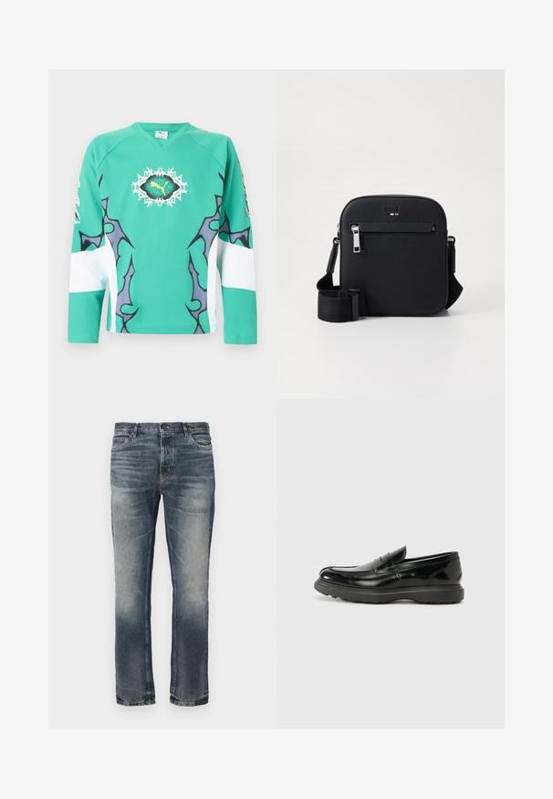 Groen sportshirt met lange mouwen, versierd met zwarte en witte abstracte patronen en een centraal geel Puma-logo binnen een zwart-wit gestoken ovaal.; Blauwe denim jeans met een rechte pijp. Licht vervaagde gebieden, klassiek vijf-pocket ontwerp en een enkele metalen knoopsluiting bij de taille.; Zwarte leren instapper met een glanzende afwerking, een ronde neus, subtiele stiksels en een dikke rubberen zool voor duurzaamheid.; Zwarte leren crossbodytas met een gladde textuur, voorzien van een voorvak met ritssluiting, verstelbare riem en een strak vierkant ontwerp.