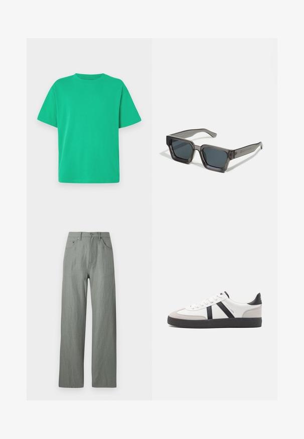 Camiseta de manga corta verde hecha de un tejido suave; presenta un cuello redondo y un corte relajado; textura suave sin patrones ni acentos.; Pantalones de pierna ancha en verde claro, hechos de una tela suave y texturada. Incluye un cierre de botón frontal y cinco bolsillos.; Zapatilla blanca con acentos en negro y gris, que presenta una puntera texturizada en gris, suela de goma negra y cordones planos blancos. Diseño limpio, estilo minimalista.; Jack & Jones JACPETER SUNGLASSES UNISEX - Gafas de sol - grey
